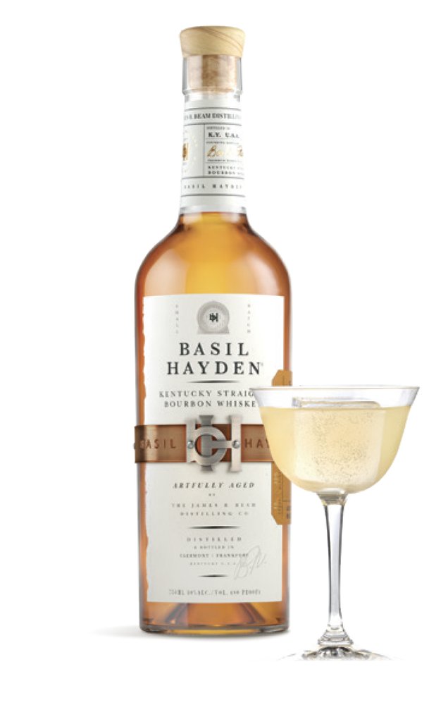 Basil Hayden bourbon and a Basil Hayden 75 in a coupe