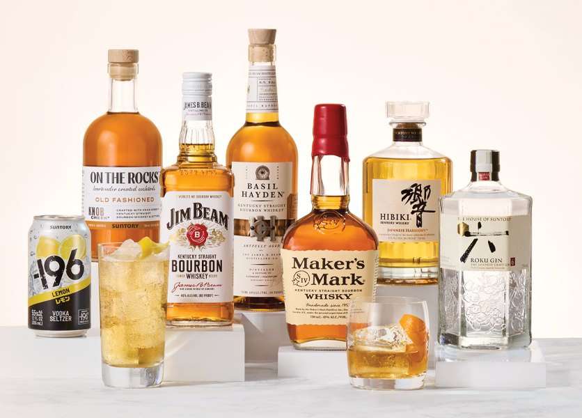 The Suntory Global Spirits portfolio: -196, On The Rocks, Jim Beam, Basil Hayden, Maker’s Mark, Hibiki and Roku Gin.